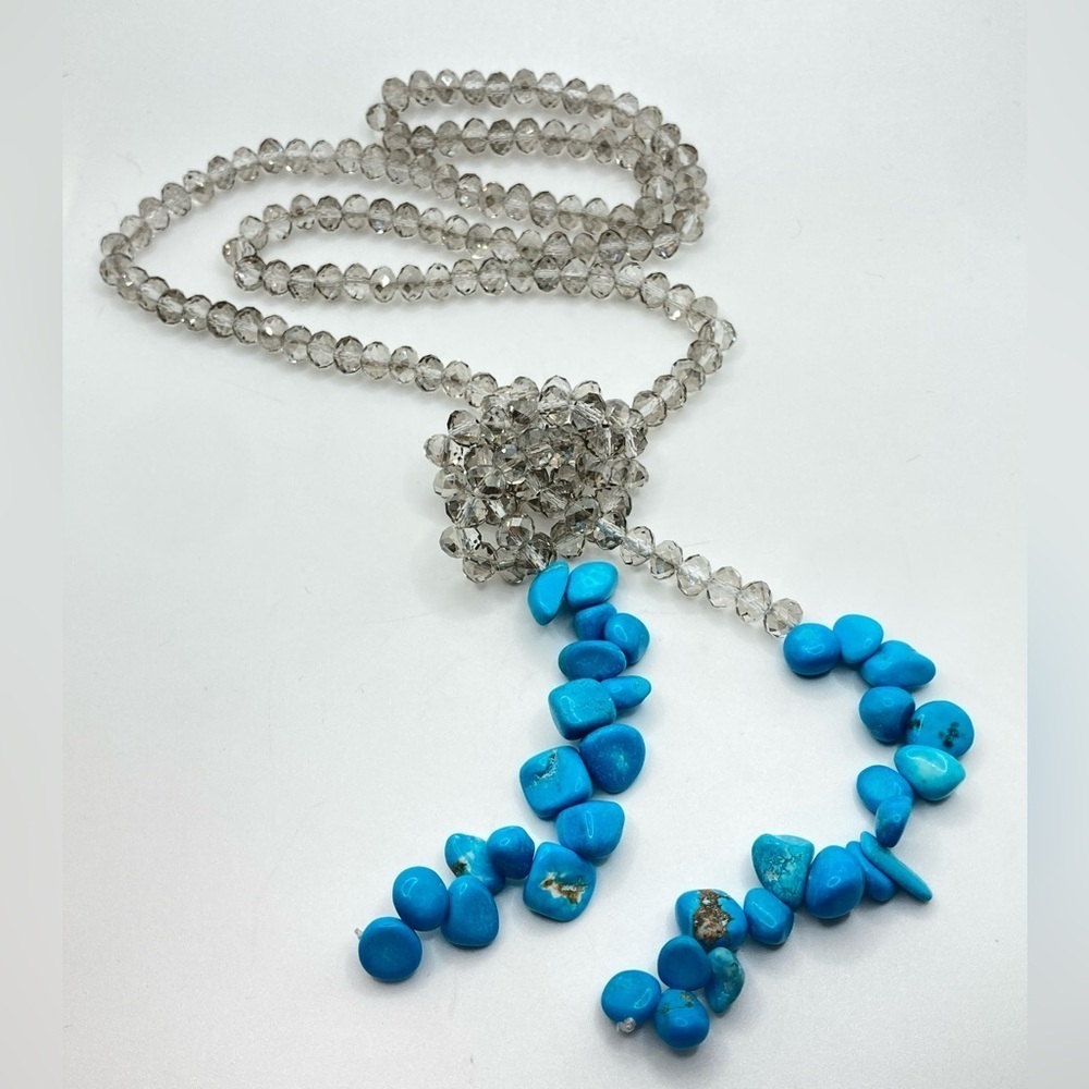 NATURAL Turquoise & Irridescent Facetted Crystal Beaded Lariat Bolo Necklace 40”